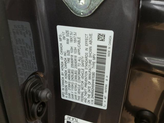 2HKRW2H55HH676380 - 2017 HONDA CR-V EX GRAY photo 10