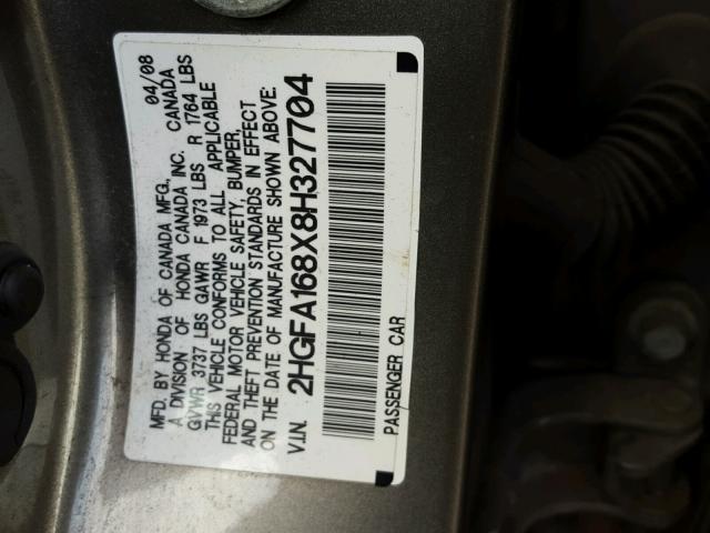 2HGFA168X8H327704 - 2008 HONDA CIVIC EX GRAY photo 10