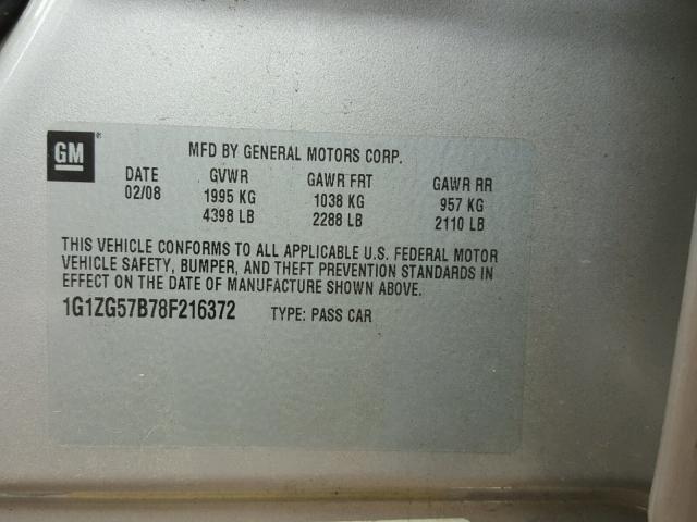 1G1ZG57B78F216372 - 2008 CHEVROLET MALIBU LS SILVER photo 10