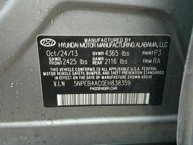 5NPEB4AC0EH838359 - 2014 HYUNDAI SONATA GLS GRAY photo 10