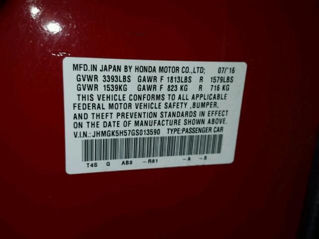 JHMGK5H57GS013590 - 2016 HONDA FIT LX RED photo 10