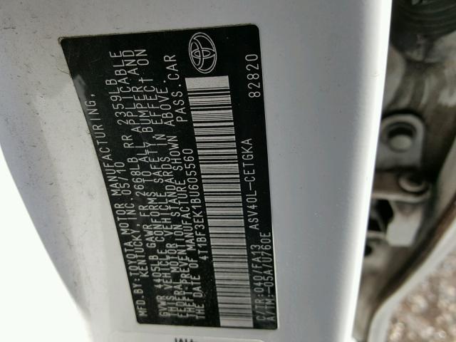4T1BF3EK1BU605560 - 2011 TOYOTA CAMRY BASE WHITE photo 10