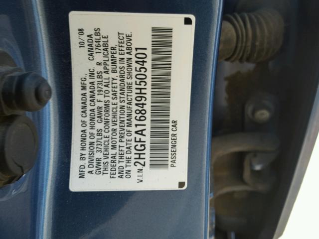 2HGFA16849H505401 - 2009 HONDA CIVIC EX BLUE photo 10