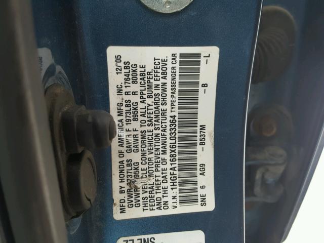 1HGFA168X6L033364 - 2006 HONDA CIVIC EX ლურჯი ფოტო 10