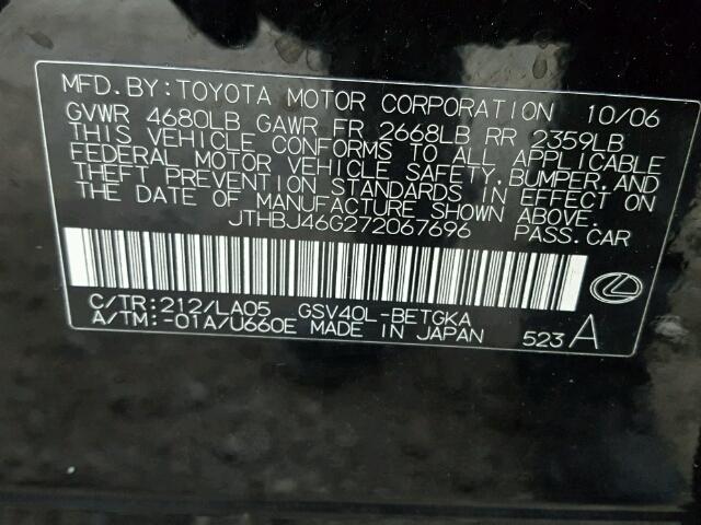 JTHBJ46G272067696 - 2007 LEXUS ES 350 BLACK photo 10