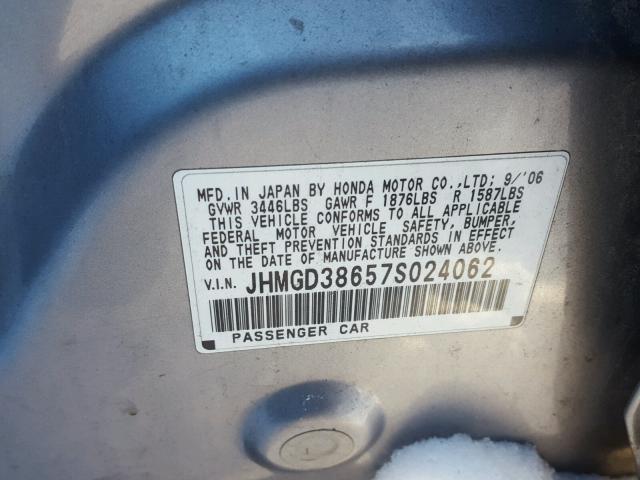 JHMGD38657S024062 - 2007 HONDA FIT S ვერცხლისფერი ფოტო 10