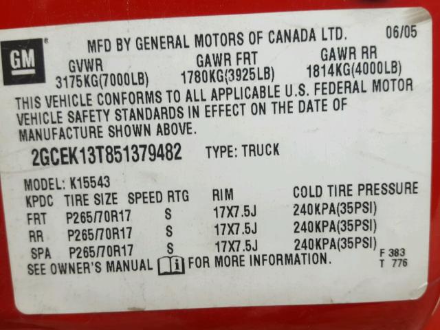 2GCEK13T851379482 - 2005 CHEVROLET SILVERADO RED photo 10