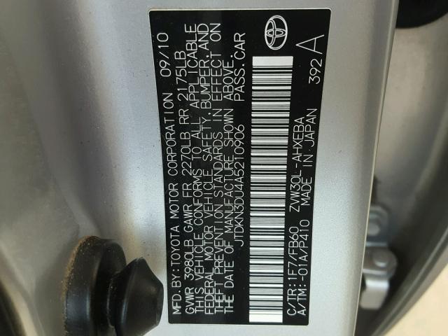 JTDKN3DU4A5210906 - 2010 TOYOTA PRIUS SILVER photo 10