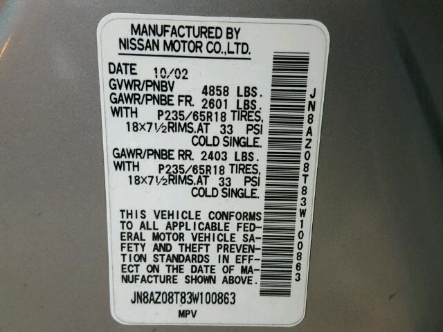 JN8AZ08T83W100863 - 2003 NISSAN MURANO SL SILVER photo 10