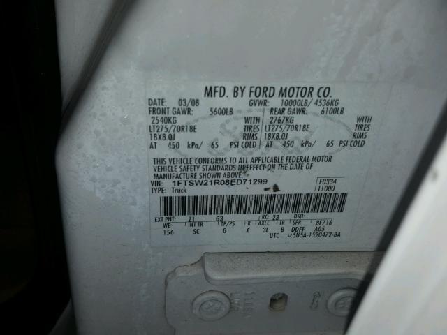 1FTSW21R08ED71299 - 2008 FORD F250 SUPER WHITE photo 10