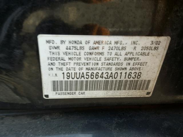 19UUA56643A011638 - 2003 ACURA 3.2TL BLACK photo 10