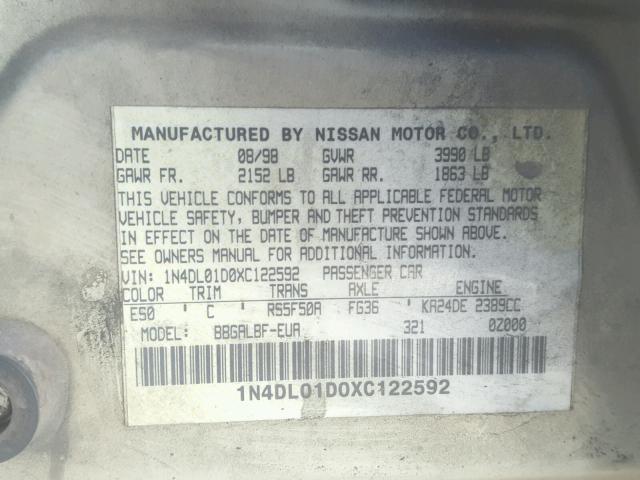 1N4DL01D0XC122592 - 1999 NISSAN ALTIMA XE GOLD photo 10