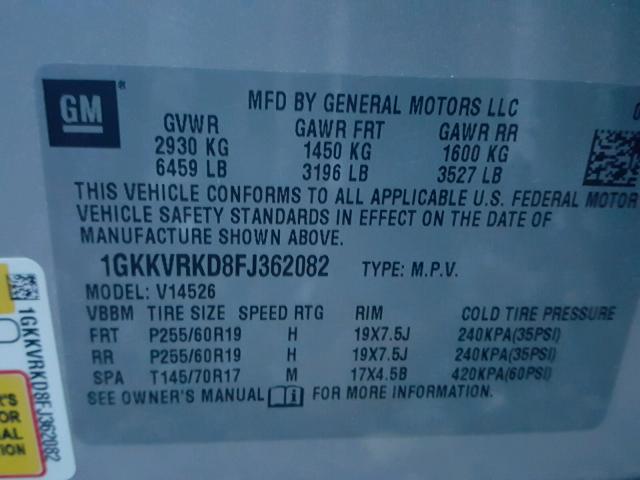 1GKKVRKD8FJ362082 - 2015 GMC ACADIA SLT ვერცხლისფერი ფოტო 10