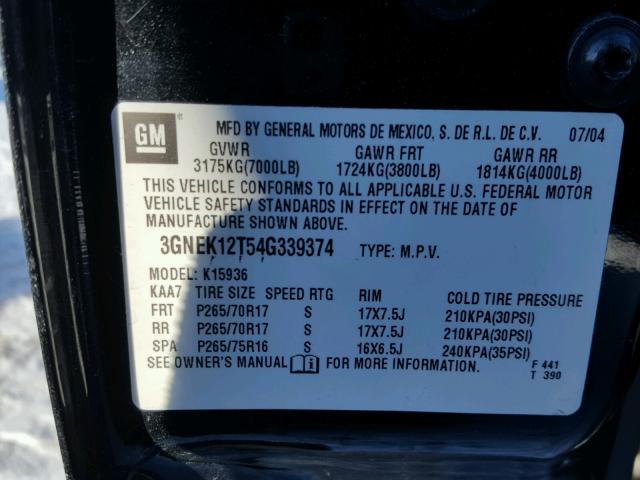 3GNEK12T54G339374 - 2004 CHEVROLET AVALANCHE BLACK photo 10