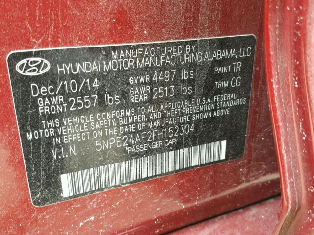 5NPE24AF2FH152304 - 2015 HYUNDAI SONATA SE RED photo 10