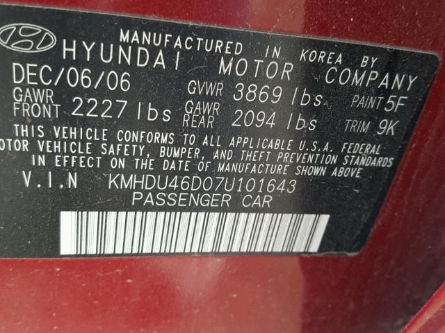 KMHDU46D07U101643 - 2007 HYUNDAI ELANTRA GL RED photo 10