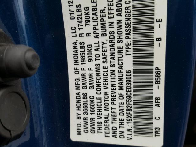 19XFB2F59CE039006 - 2012 HONDA CIVIC LX BLUE photo 10