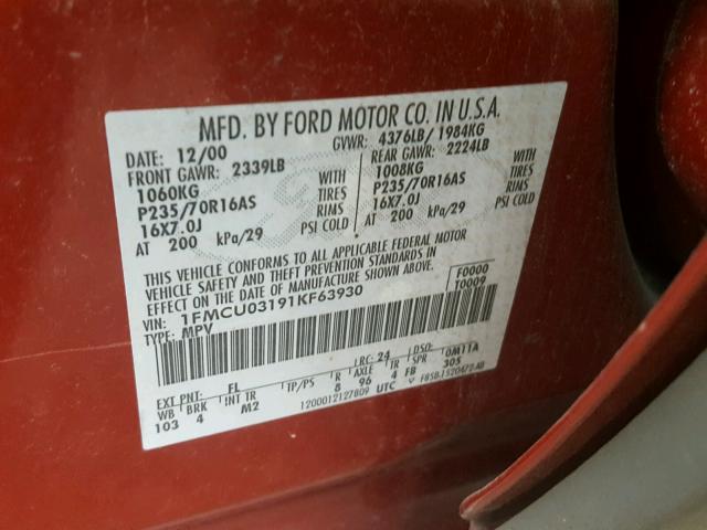 1FMCU03191KF63930 - 2001 FORD ESCAPE XLT RED photo 10