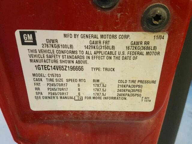 1GTEC14V65Z196666 - 2005 GMC NEW SIERRA RED photo 10