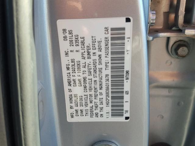 1HGCP26839A013478 - 2009 HONDA ACCORD EXL SILVER photo 10