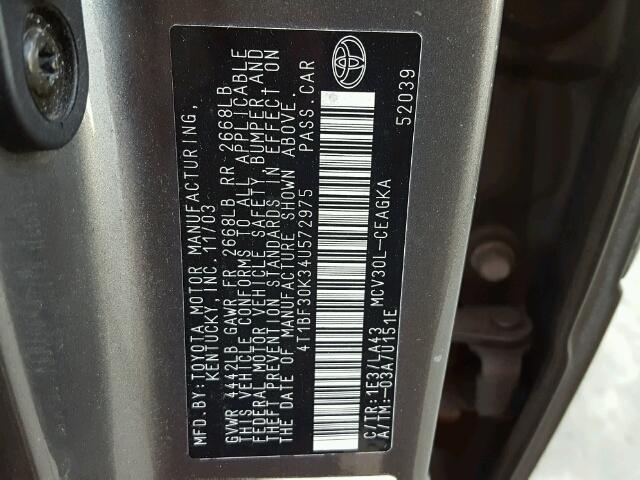 4T1BF30K34U572975 - 2004 TOYOTA CAMRY LE ნაცრისფერი ფოტო 10