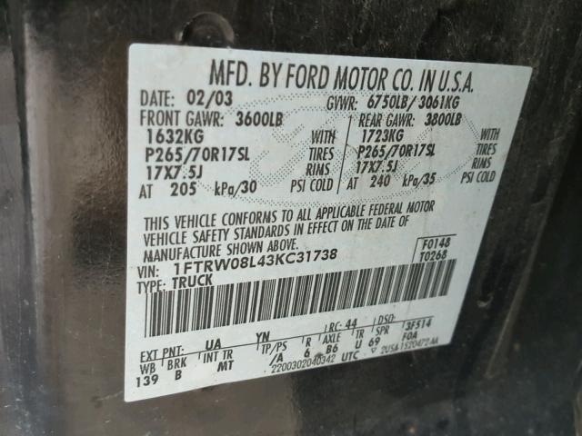 1FTRW08L43KC31738 - 2003 FORD F150 SUPER BLACK photo 10