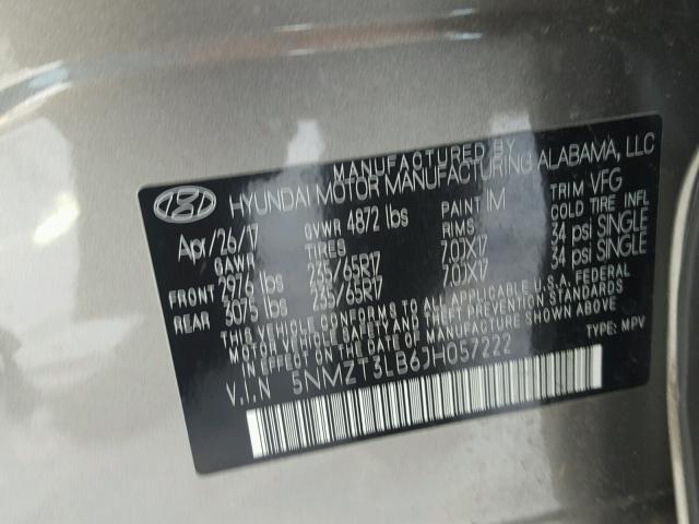 5NMZT3LB6JH057222 - 2018 HYUNDAI SANTA FE S GRAY photo 10