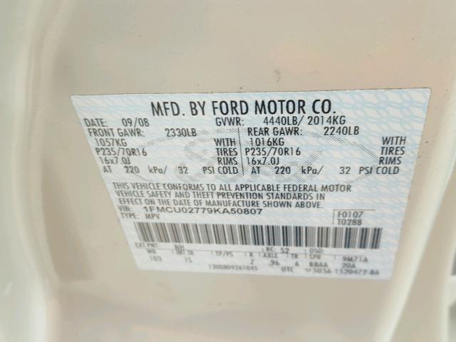 1FMCU02779KA50807 - 2009 FORD ESCAPE XLS CREAM photo 10