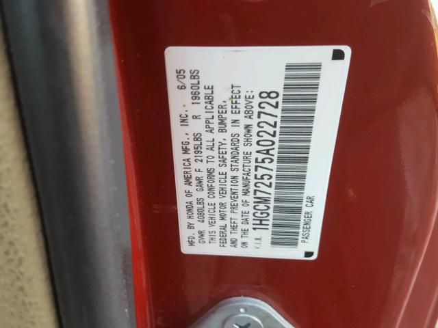 1HGCM72575A022728 - 2005 HONDA ACCORD LX RED photo 10