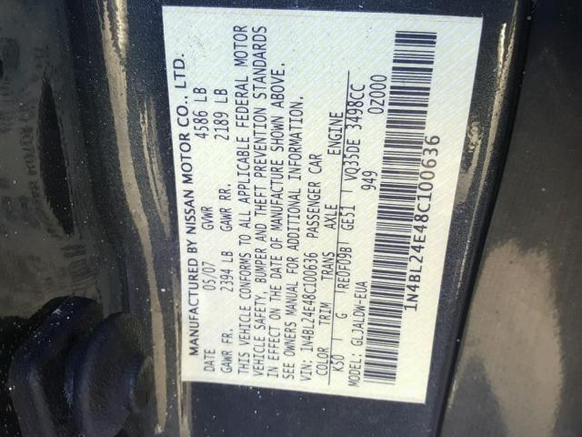 1N4BL24E48C100636 - 2008 NISSAN ALTIMA 3.5 GRAY photo 10