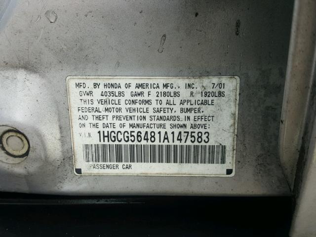 1HGCG56481A147583 - 2001 HONDA ACCORD LX SILVER photo 10