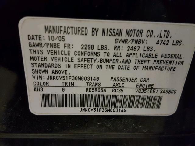 JNKCV51F36M603149 - 2006 INFINITI G35 BLACK photo 10