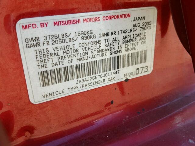 JA3AJ26E76U011447 - 2006 MITSUBISHI LANCER ES RED photo 10