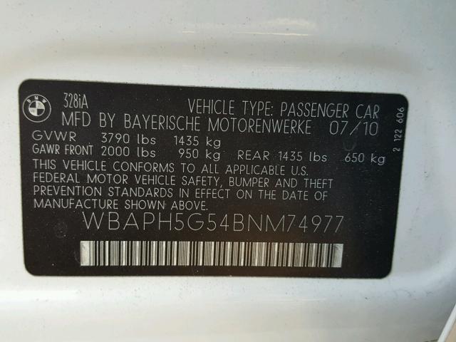 WBAPH5G54BNM74977 - 2011 BMW 328 I SULE WHITE photo 10