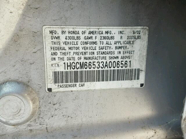 1HGCM66533A006561 - 2003 HONDA ACCORD EX SILVER photo 10