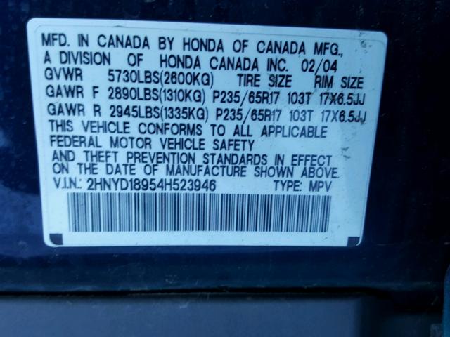 2HNYD18954H523946 - 2004 ACURA MDX TOURIN BLUE photo 10