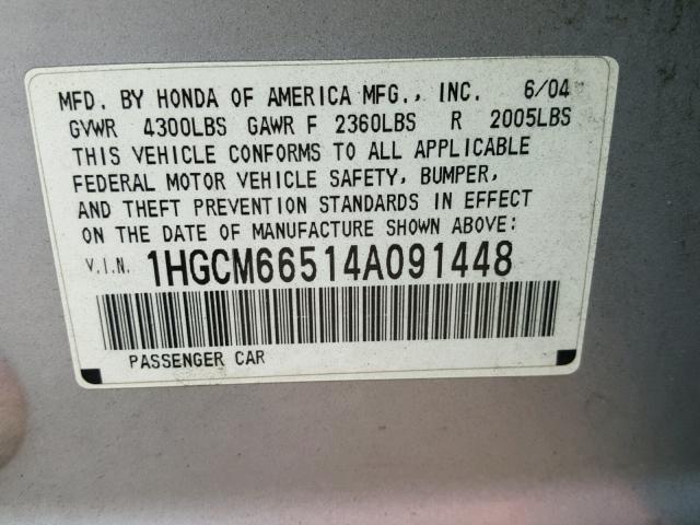 1HGCM66514A091448 - 2004 HONDA ACCORD EX SILVER photo 10