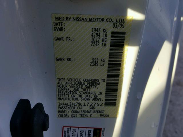 1N4AL24E79C172752 - 2009 NISSAN ALTIMA 2.5 WHITE photo 10