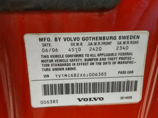 YV1MC682X6J006385 - 2006 VOLVO C70 T5 RED photo 10