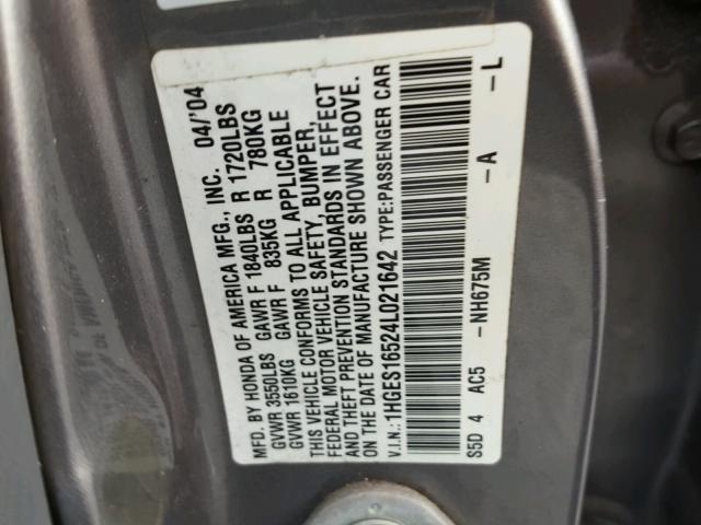 1HGES16524L021642 - 2004 HONDA CIVIC LX GRAY photo 10