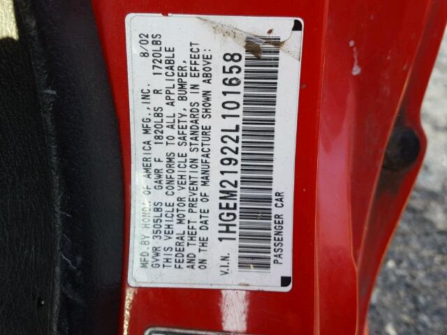 1HGEM21922L101658 - 2002 HONDA CIVIC EX أحمر صورة 10