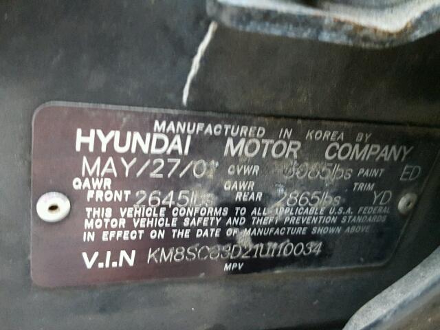 KM8SC83D21U110034 - 2001 HYUNDAI SANTA FE G BLACK photo 10