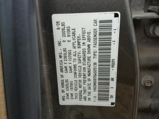 1HGCM66876A005136 - 2006 HONDA ACCORD EX GRAY photo 10