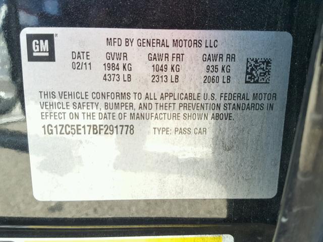 1G1ZC5E17BF291778 - 2011 CHEVROLET MALIBU 1LT BLACK photo 10