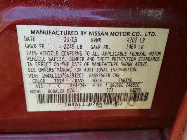 1N4AL11D76N391202 - 2006 NISSAN ALTIMA S RED photo 10