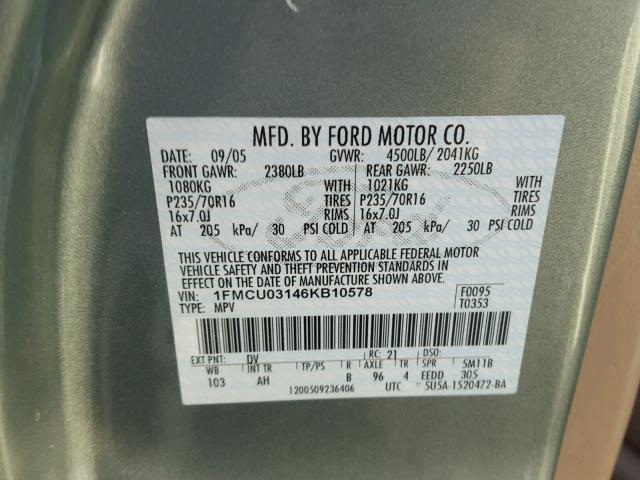 1FMCU03146KB10578 - 2006 FORD ESCAPE XLT GREEN photo 10