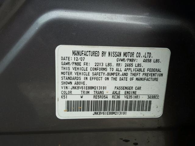 JNKBV61E88M213191 - 2008 INFINITI G35 GRAY photo 10