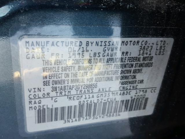 3N1AB7AP3GY298856 - 2016 NISSAN SENTRA S BLUE photo 10