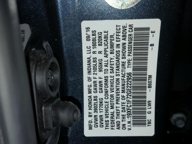 19XFC1F72GE222956 - 2016 HONDA CIVIC EXL BLUE photo 10