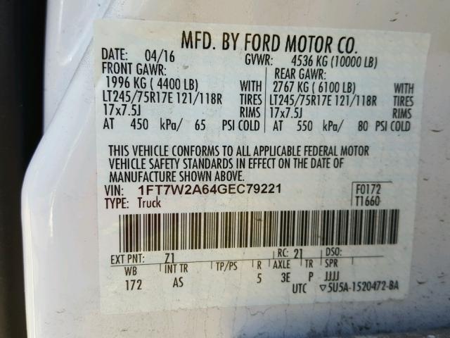 1FT7W2A64GEC79221 - 2016 FORD F250 SUPER WHITE photo 10